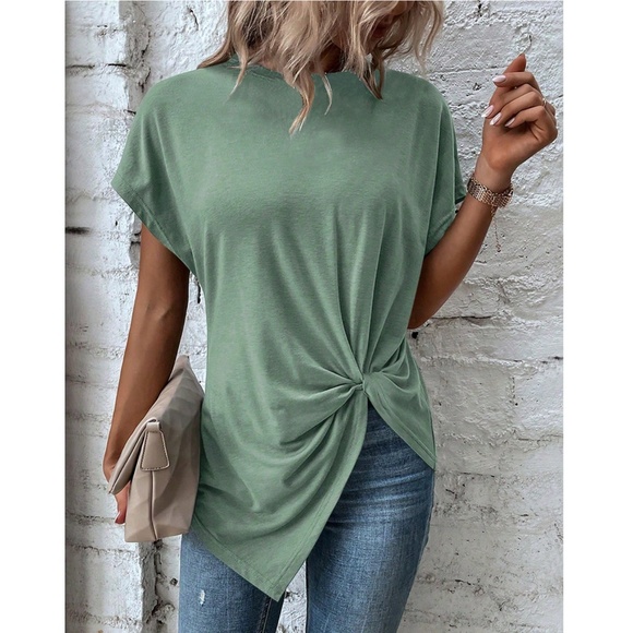 Twist Detail Green Tee Shirt Short Sleeve Round Neck - Picture 1 of 13